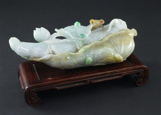 A large Chinese jadeite lotus carving, 20th century, 20.3cm, wood stand